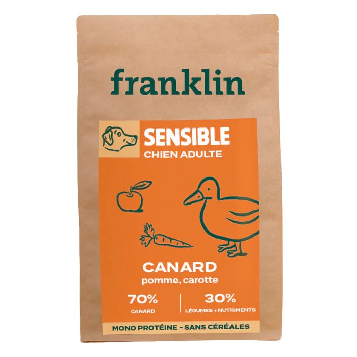 Croquettes Franklin sans céréales pour chien sensible, canard, pomme et carotte