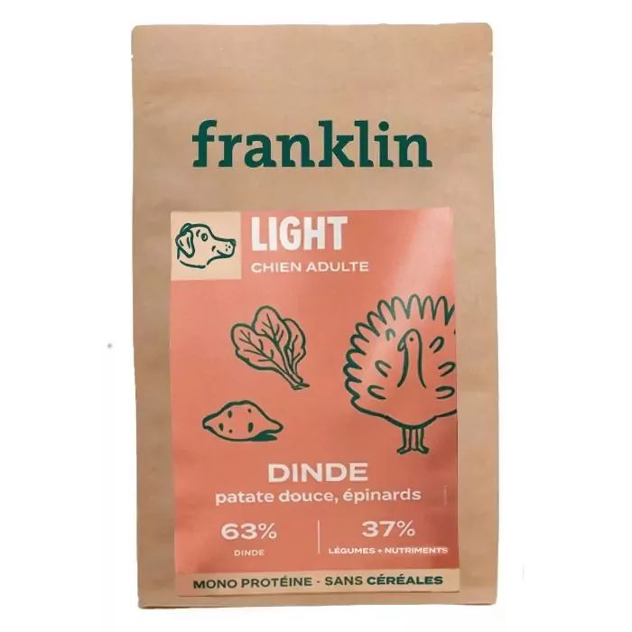 Croquettes Franklin Light sans céréales pour chien en surpoids, dinde, patate douce et épinards